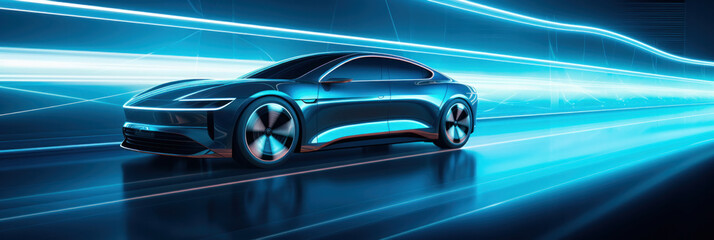 Automotive innovation and technology concepts. EV car with motion lighting.