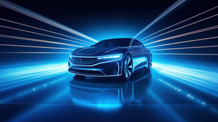 Automotive innovation and technology concepts. EV car with motion lighting. - obrazy, fototapety, plakaty