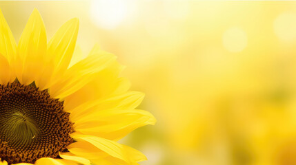 Obraz premium Sunflowers on a yellow background. Copy space. Top view