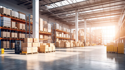 Large Warehouse, Product distribution center, Retail warehouse full of shelves with goods in cartons, with pallets and forklifts. Logistics and transportation concept.