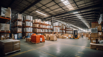 Large Warehouse, Product distribution center, Retail warehouse full of shelves with goods in cartons, with pallets and forklifts. Logistics and transportation concept.