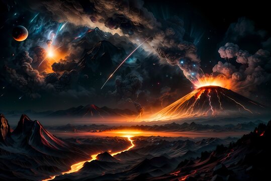 Volcano eruption, dramatic scenery of lava, fumes and celestial objects