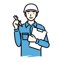 ペンでメモをとる作業服の男性