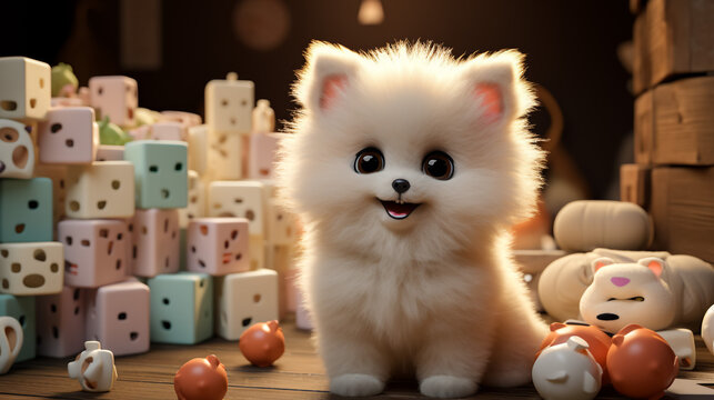 An adorable 3D rendered kawaii Pomeranian puppy dog enjoying the outside weather. Computer-generated 3D image created to look like modern animation styles