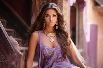 An Indian woman model wearing a purple sundress in the garden
