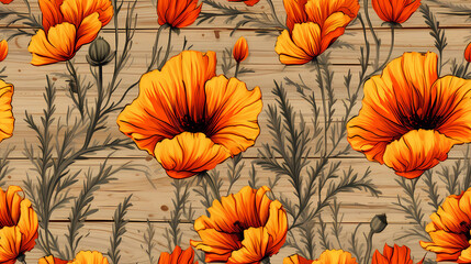 Marigold and Poppy Flowers on a Rustic Wood Texture