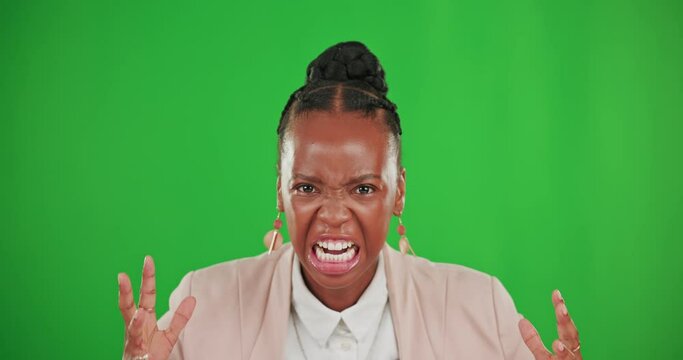 Screaming, angry and business with black woman in green screen for stress, frustrated and crisis. Anxiety, burnout and problem with female shouting on studio background for emotional, mad and anger