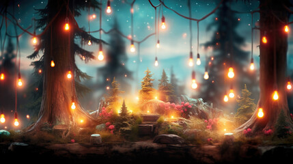 christmas tree with lights,  Magical forest with christmas trees and glowing lights