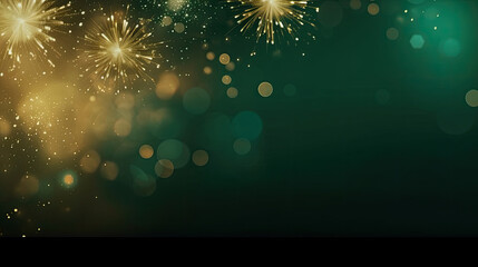 Happy New Year, Beautiful creative holiday background with fireworks and Sparkling on green background, space for text	
 - obrazy, fototapety, plakaty