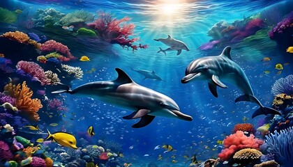 scene with fishes/dolphins and fish under the sea Generated Ai