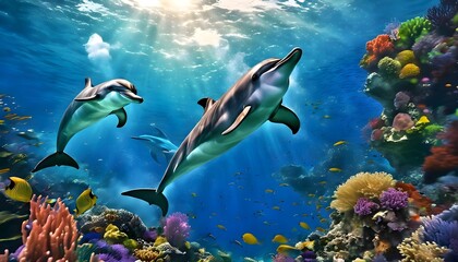 Fototapeta na wymiar scene with fishes/dolphins and fish under the sea Generated Ai