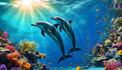 Fototapeta na wymiar scene with fishes/dolphins and fish under the sea Generated Ai