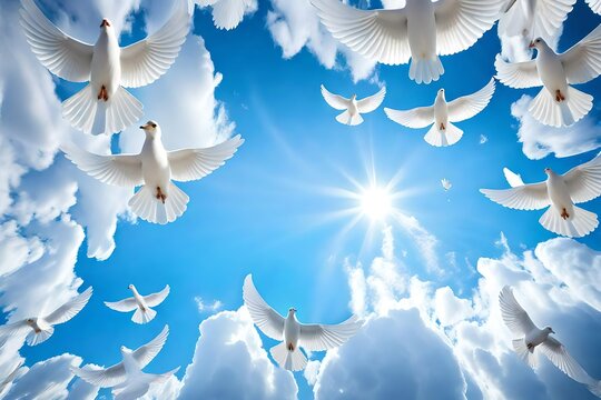 3d ceiling decoration image. Sky bottom up view. Beautiful sunny sky. Flying white doves.