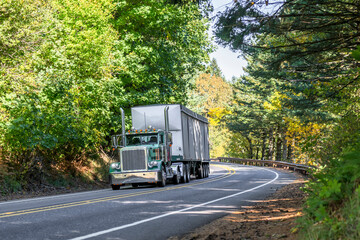 Classic bonnet green big rig semi truck tractor transporting cargo in covered bulk semi trailer driving on the narrow winding road in forest