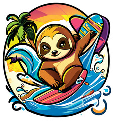 Grafiti art of Sloth surfer on the wave. Print graphic for t-shirt, vector illustration.