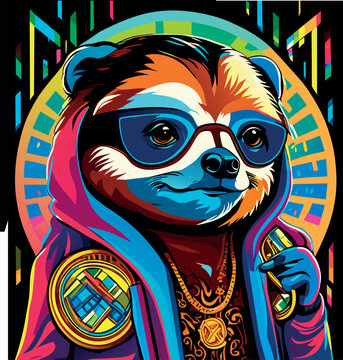 cute grafitti art of millionaire sloth cartoon vector illustration, T-shirt graphic.