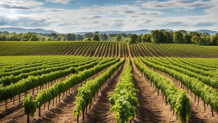 A vineyard in the early stages of grape growth, with neat rows of vines stretching into the...