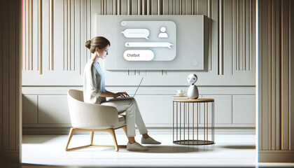 Sleek AI Engagement: American Woman Using Minimalist Laptop - Modern Human-AI Interaction in Simplistic Design