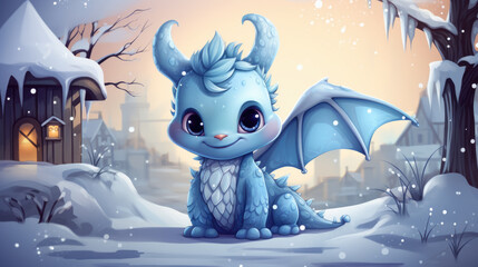Little cute dragon baby symbol of 2024 is preparing to celebrate Christmas. Cartoon illustration, AI generated