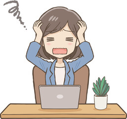 パソコン前で頭を抱えるスーツ女性