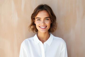photo of a young woman wearing a white shirt and smiling looking at the camera, one color background, generative ai - obrazy, fototapety, plakaty