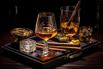 Tumbler glasses of aged whiskey alongside a selection of premium cigars, displayed on a wooden tray with a cigar cutter and an ashtray, realistic photo. Ai Generated.NO.04