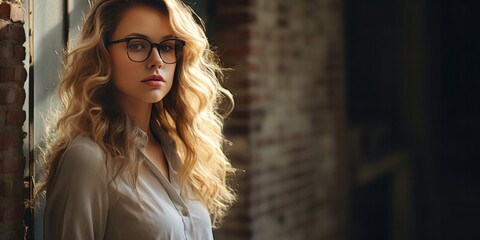 Obraz premium a lady in glasses standing in front of an old brick wall, generative AI