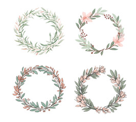 Illustrated Isolated Wreath of flowers. 4 sage green and blush color Christmas wreaths. Christmas design elements. Season's greetings graphic. © Alalei