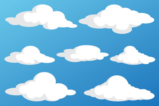 Clouds set isolated on blue background. Collection of clouds for web site, poster, placard and wallpaper. Creative modern concept. Clouds vector illustration