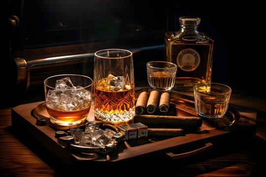Tumbler glasses of aged whiskey alongside a selection of premium cigars, displayed on a wooden tray with a cigar cutter and an ashtray, realistic photo. Ai Generated.NO.03
