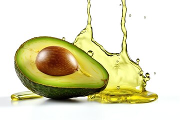 Avocado oil drips from isolated avocado fruits