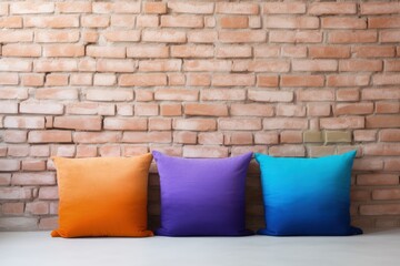 Bright cushions on chair against white brick wall