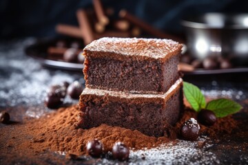 Brownie cake on concrete background with sugar powder