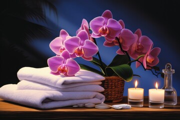 The spa scene showcases scented candles, an orchid blossom, and a towel in a still-life composition.