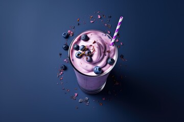 The image displays a blueberry milkshake or cocktail, separated from its background, as seen from a top perspective.
