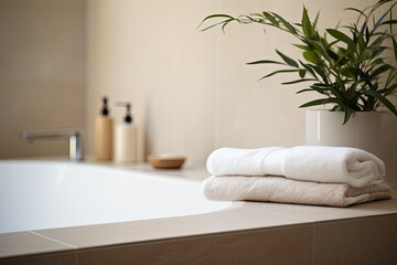 The specific features in the bathroom include a white bathtub with a faucet and beige tiles. The photographer has used selective focus to draw attention to these details in the image.