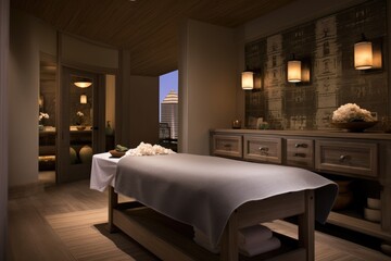 The spa salon boasts a visually appealing room design, complete with a massage table.