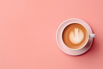 Cappuccino coffee cup on pink background Foam espresso Top view