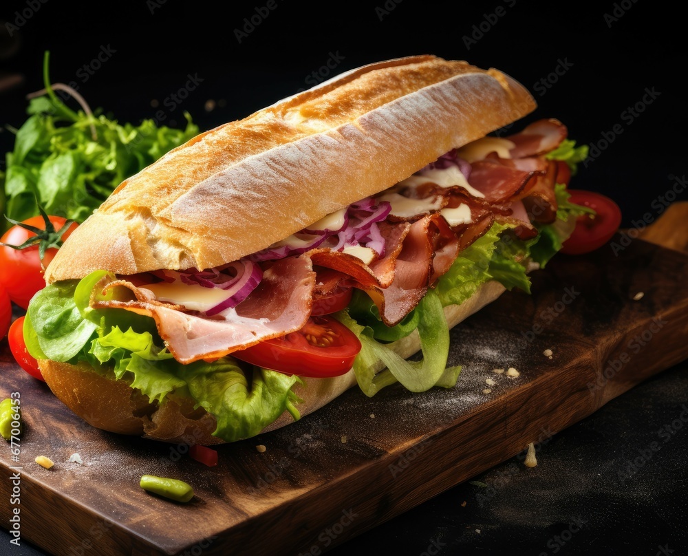 Sticker ciabatta sandwich lettuce tomatoes ham