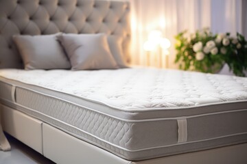 Close up of bed with soft orthopedic mattress in room - obrazy, fototapety, plakaty