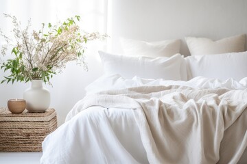 Cozy bed with white sheet in residence - obrazy, fototapety, plakaty