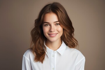 photo of a young woman wearing a white shirt and smiling looking at the camera, one color background, generative ai