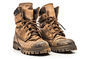 Dirtied mud boots dry and solitary on white backdrop in front