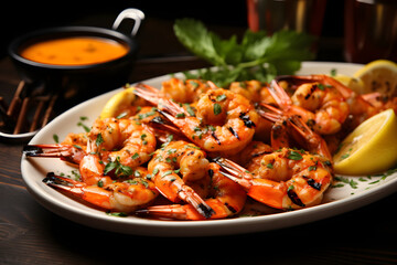 A platter of juicy grilled shrimp skewers, lightly seasoned with garlic and herbs, served with a side of tangy cocktail sauce, realistic photo. Ai Generated.NO.02