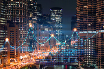Skyscrapers Cityscape Downtown View, Chicago Skyline Buildings. Beautiful Real Estate. Night time. Forex Financial graph and chart hologram. Business education concept. - obrazy, fototapety, plakaty