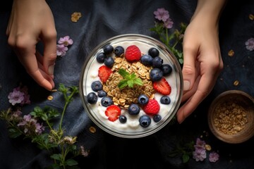 Female hand eating granola with Greek yogurt and fresh berries on a glass seen from above - obrazy, fototapety, plakaty