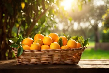 Freshly picked oranges in a basket on a wooden table with an orange grove backdrop and sunlight Horizontal front view