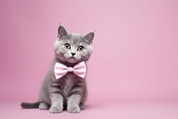 Gray cat with bow tie on pink background Monochrome background with text space Cat postcard for Valentine s Spring Women s Day