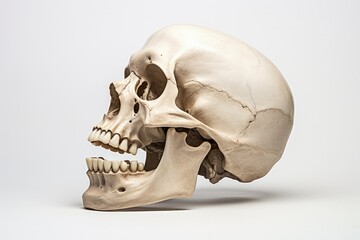 Human skull seen from the left side with an open mouth isolated on white - obrazy, fototapety, plakaty