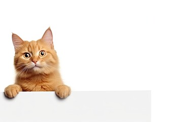 Humorous cat holds sign on white background for web banner